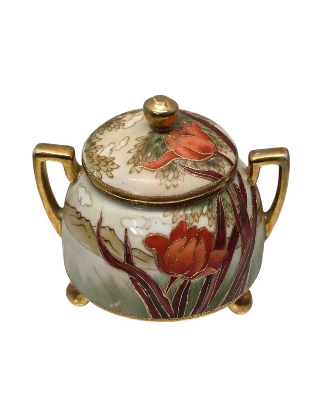 Hand Painted Nippon Sugar Bowl Floral Gold Gilt Japan Moriage w Lid